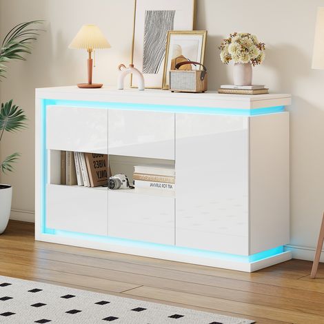 Sideboard Weiß Hochglanz 140cm, Moderne Kommode mit LED Beleuchtung & Glastüren, Wohnzimmerschrank 3 Türen für Flur & Büro, 140x40x84cm