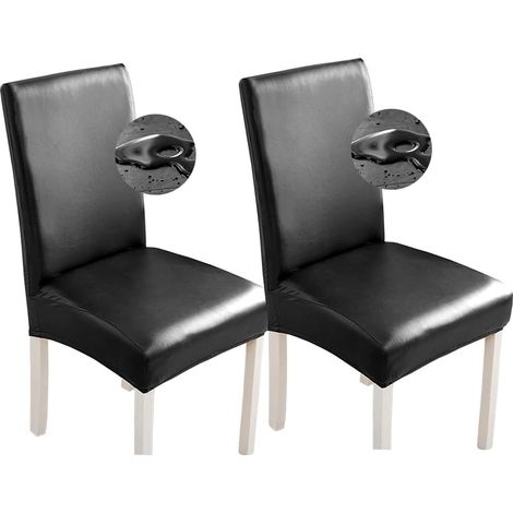 Juego de 2 fundas elásticas e impermeables de piel sintética para sillas de comedor - Para el hogar, la oficina o el restaurante (2 piezas, color negro)