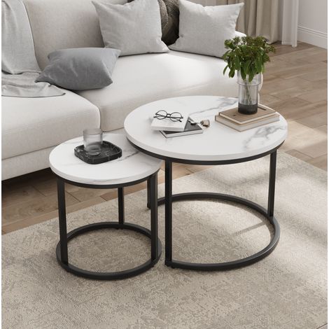 Runder 2er-Set Satztische Couchtisch 60 cm aus Spanplatte und weißem Eisen HAVRYA (1/5)