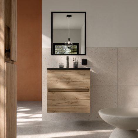 Set mobile bagno 50cm Finitura Rovere 2 cassetti, lavabo Nero e Specchio 50x70cm con Telaio Nero (1/5)