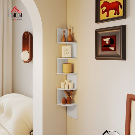 Estantería esquinera de pared con forma de zigzag, 20 cm de largo x 20 cm de ancho x 126 cm de alto, 5 niveles, madera blanca.