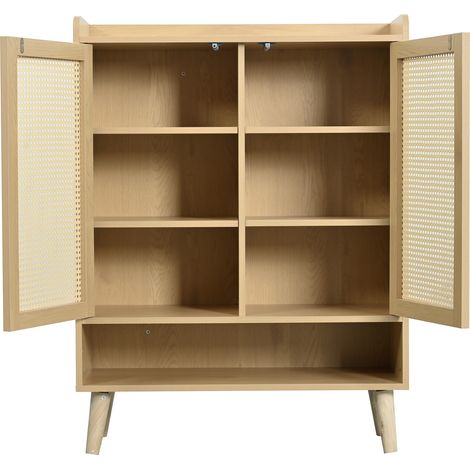 Meuble à chaussures en rotin naturel avec 2 portes et 5 étagères, pieds et poignées en bois, 80 x 35 x 105 cm, chêne (1/5)