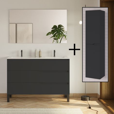 Meuble de salle de bain 120cm avec double vasque - 3 tiroirs et colonne de rangement - noir mat - MATA
