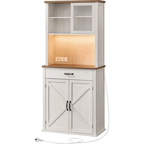 Vasagle – Buffet blanc rustique avec lumières réglables et chargeur intégré – Étagères réglables – Style campagne – Rangement optimisé pour cuisine