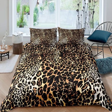 Parure de lit avec housse de couette 135 x 200 cm, impression léopard, motif léopard, safari, cheetah, en microfibre douce, pour filles et femmes, thème animaux sauvages, marron (1/5)