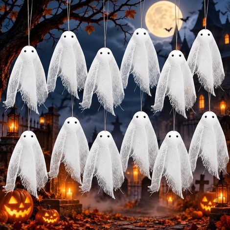 Lot de 12 fantômes décoratifs d'Halloween à suspendre - Décoration d'Halloween - Fantôme effrayant pour jardin, extérieur effrayant, décoration de fête (1/5)