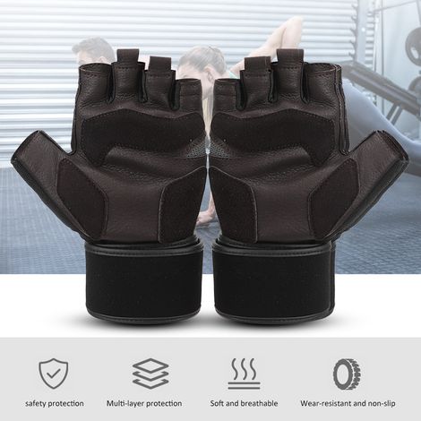 Gants BOODUN demi-doigts en peau de cerf avec bande de poignet pour l'entraînement sportif et le fitness (L) (1/5)