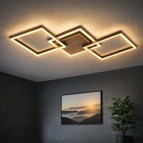 Deckenlampe Holzoptik Deckenleuchte Wohnzimmerlampe LED Designleuchte braun schwarz, 24W 1400lm warmweiß, LxH 63x5,7 cm