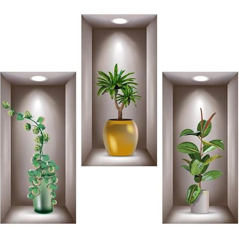 3 Pièces Stickers Muraux Vase Autocollant Mural Vase 3d Sticker Muraux 3d Plante Autocollant Muraux Plante Autocollant pour Vase Amovibles pour Salon Cuisine Chambre Maison, 40 20cm