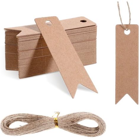 Dailygoods,Etiquetas de regalo (100 unidades),Papel kraft de 2 x 7 cm,Cordón de yute de 20 m,Etiquetas en blanco,Marrón,Para bodas/Navidad (1/5)