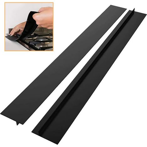 2 couvre-fentes en silicone pour cuisinière, 63,5 x 1,3 x 5,7 cm, résistant à la chaleur, passe au lave-vaisselle, noir (1/5)