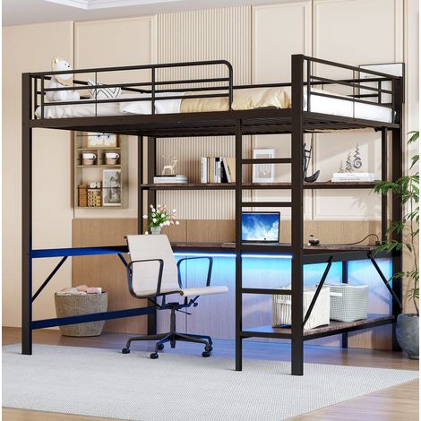 Lit mezzanine 140/200 cm noir en métal et MDF avec bureau, rangements, LED, prises et ports USB (1/5)