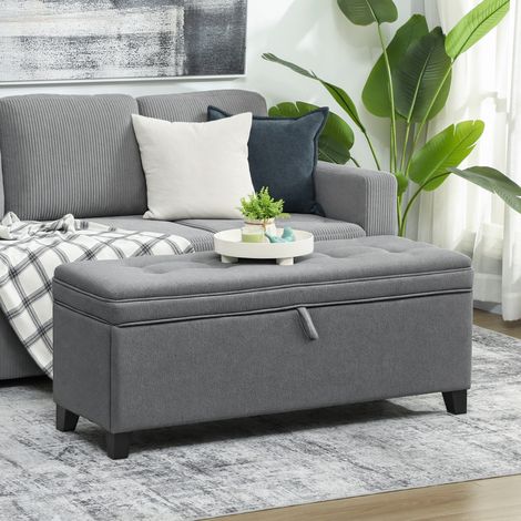 Banc de rangement 112L banquette bout de lit en tissu de lin. siège capitonné. 120 x 40 x 48 cm. gris foncé
