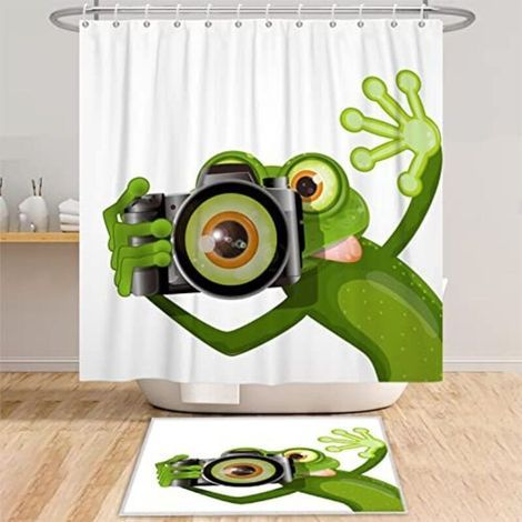 180 x 200 cm Cute, funny frog shower curtain with photographer frog and big eyes, white, made of polyester, with hooks, for children's bathrooms.