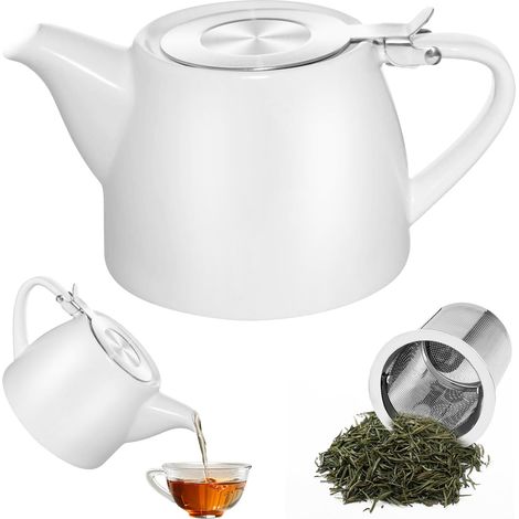Théière en céramique 500 ml blanche avec infuseur, conservation chaleur, lave-vaisselle, pour thé vrac ou sachets, usage quotidien (1/5)