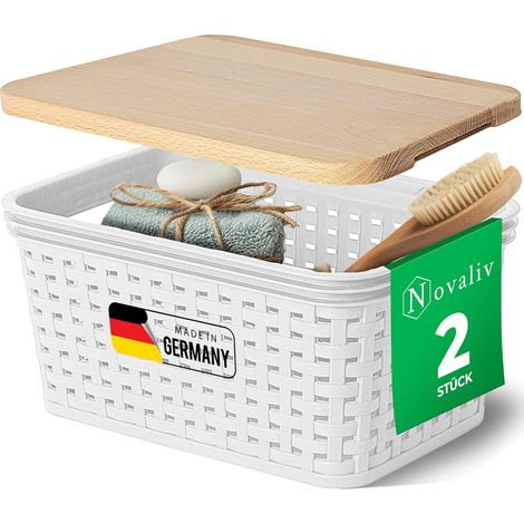 Novaliv lot de 2 paniers de rangement élégants avec couvercles en bois aspect rotin Plastique alimentaire blanc 2L Parfait pour la salle de bain