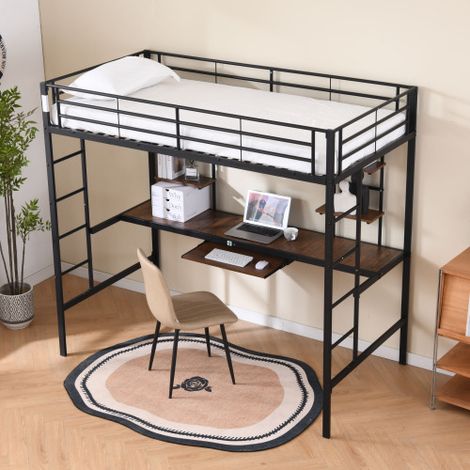 Cama altillo infantil de 90x190 cm con estantes de almacenamiento abiertos y escritorio, de metal, sin colchón, negro (1/5)