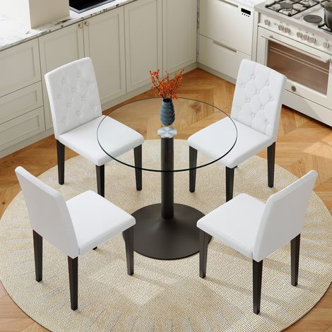 Ensemble table verre 85x85x76cm 4 chaises PU boutons meuble repas minimaliste luxe salle à manger, blanc (1/5)