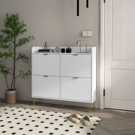 Schuhschrank mit 4 Klapptüren, verstellbarem Einlegeboden, Schuhaufbewahrung 106 x 24 x 102 cm, weiß