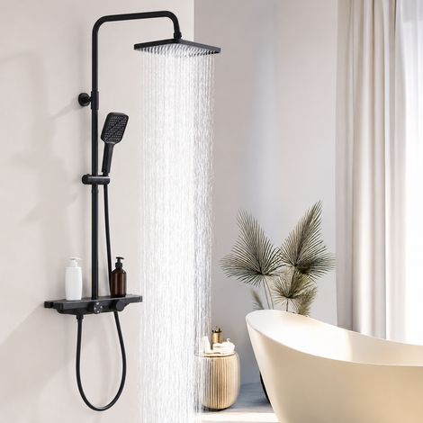 Colonne de Douche Thermostatique Noire avec Étagre Intégrée, Hauteur Réglable 1000–1240 mm, Bec Cascade, Douchette 3 Jets et Robinetterie en Laiton (1/5)