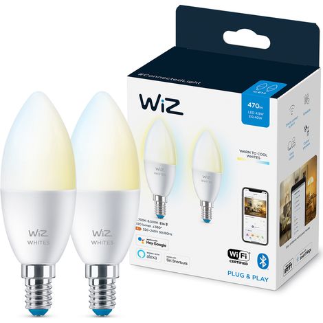 Pack 2 Bombillas Inteligentes LED E14 Casquillo Fino 4.9W 470 lm C37 WiFi + Bluetooth Regulable CCT WIZ Seleccionable (Cálido-Neutro-Frío) (1/5)