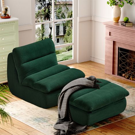 Sitzsack-Sessel aus Cordstoff grün 101x81x75 cm mit Fußhocker und abnehmbaren Polstern MIVRY