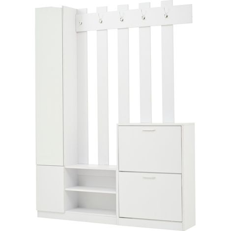 Recibidor blanco con espejo, 2 zapateros abatibles, armario con ganchos, 135 x 25 x 180 cm (1/5)