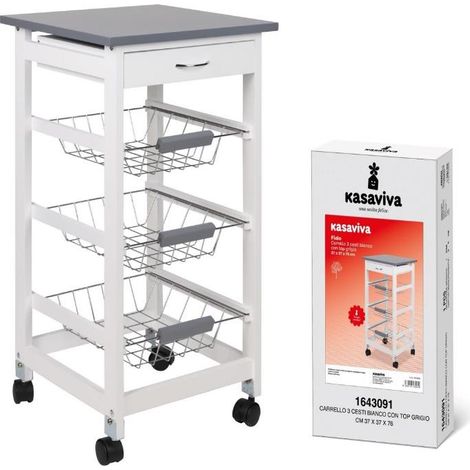 Carrello da Cucina in Legno 3 Cassetti Bianco Top Grigio  37 x 37 x 76 cm