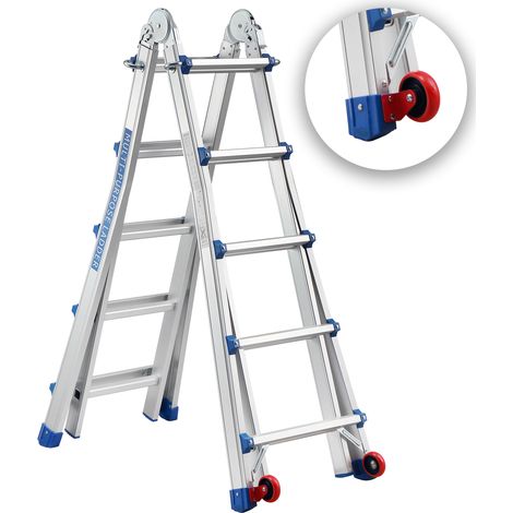 Teeno – Échelle télescopique en aluminium 5,1 m – Charge max 150 kg – 5 x 5 marches – Base triangulaire stabilisatrice – Roues intégrées pour transport