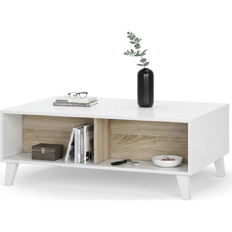 Dmora Couchtisch Lincoln, Kaffetisch, Couchtisch für das Wohnzimmer, cm 100x68h38, Glänzend weiß und Eiche