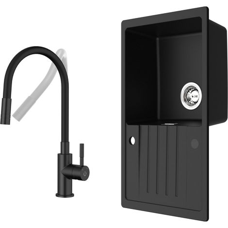 Fregadero de cocina 78x45cm fregadero de granito negro antracita con escurridor + grifo de cocina universal negro alto 380MM (1/5)