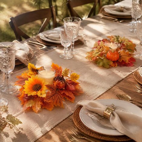 Couronne d'automne - Lot de 2 anneaux de bougie - Décoration d'automne - Citrouille - Feuilles d'érable - Décoration de table pour l'intérieur et l'extérieur