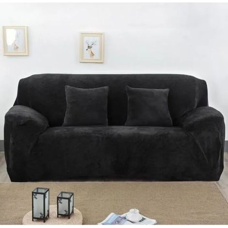 Housse de Canapé Velours 2 Places 145-185cm Élastique Spandex Revêtement de Canapé Épais Noir (1/4)