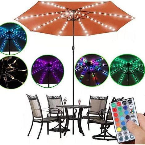 Guirlande lumineuse pour parasol, 8 modes de luminosité, 104 LED, lumières colorées, étanche, dimmable, utilisable sur échasses, usage intérieur/extérieur (1/5)