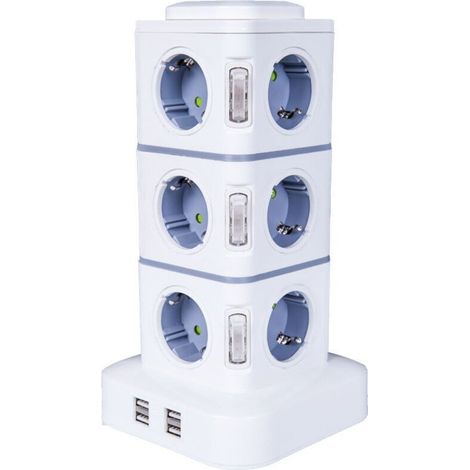 Vertikale Steckdosenleiste mit 12 Steckdosen, 2500 W – 4 USB-Anschlüsse – Überspannungsschutz – 3 m Verlängerungskabel für Büro und Zuhause (1/5)