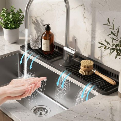 Silicone Faucet Mat for Kitchen Sink, Drip Mat, Splash Guard with 7° Tilt, Water Catcher Mat for Kitchen and Bathroom (Black, 23.6 inch)
