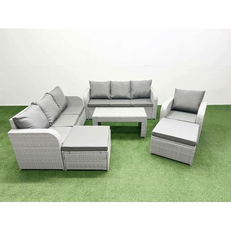 Fimous 9 Seater Poly Rattan Outdoor Garden Furniture Oblong Coffee Table Sofa Set Patio 3 Seater Sofa Reclining Chair 3 Seater Sofa 2 Big Footstools Light Grey (1/4)