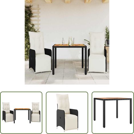 Gartentisch - 3-tlg. Garten-Bistro-Set mit Kissen Schwarz Poly Rattan (1/5)