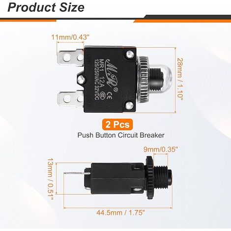 Push Button Circuit Breaker 12Amp 125/250V AC 32V DC (1/4)