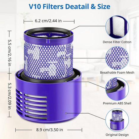 Filtre de rechange lavable pour Dyson V10 Cyclone Series, V10 Absolute, V10 Animal, V10 Total Clean, V10 Motorhead, SV12, 2 Pièce pour aspirateur DY-969082-01
