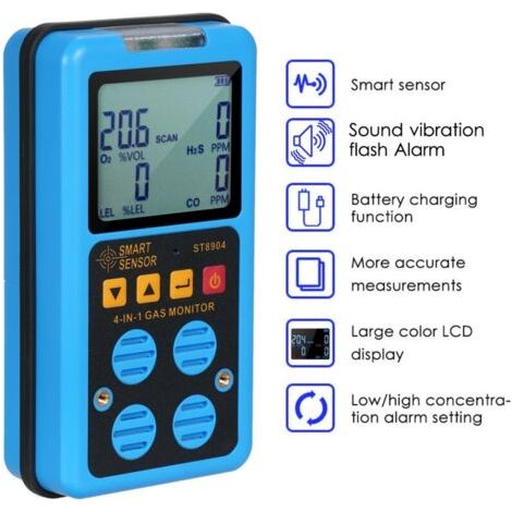 SMART SENSOR Moniteur de gaz 4 en 1 Détecteur portable rechargeable H₂S O₂ CO et LEL Renifleur multi-professionnel avec écran LCD Mode d'alarme Flash de vibration sonore (1/5)