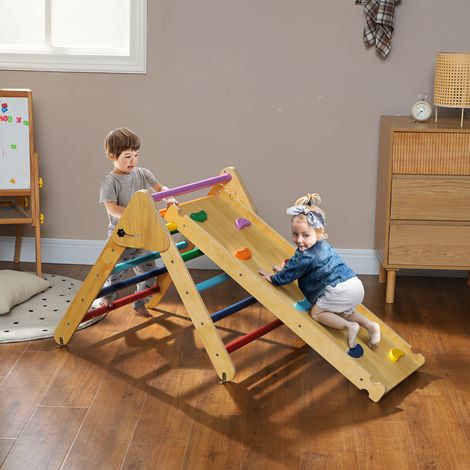Triangle escalade enfants 3 en 1. rampe double-face pour grimper et glisser. charge 50 kg. 147x64.5x63cm. multicolore