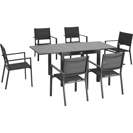 Gartenlounge-Set aus Aluminium und Textil, ausziehbarer Tisch von 90 bis 180 cm, 6 stapelbare Stühle für 4–6 Personen, grau