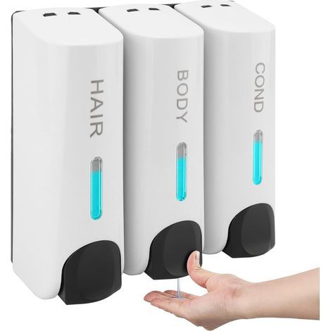 Distributeur de savon mural à 3 compartiments pour douche (shampoing, après-shampoing, savon) – Installation sans perçage pour salle de bain ou hôtel (Blanc, 3 compartiments) (1/5)