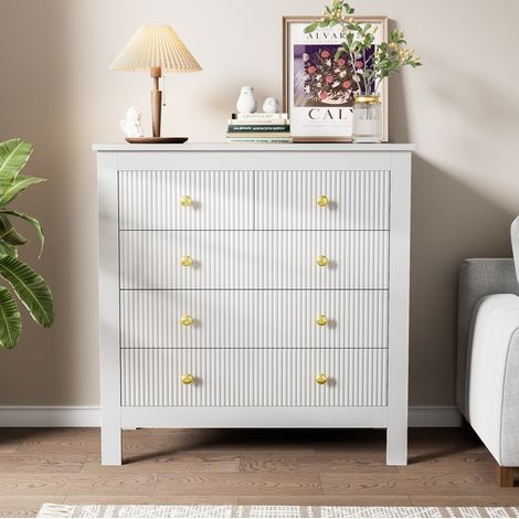 Commode en panneaux de particules blanche avec 5 tiroirs texturés et poignées dorées, 79 x 39,5 x 80,5 cm (1/5)