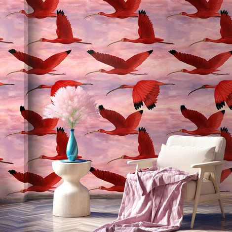 Carta da Parati Tropicale Rosa Uccelli al Tramonto in Fogli di Carta, 250x200cm (1/5)