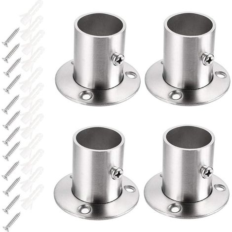 Ensemble de 4 supports de tringle à rideaux en acier inoxydable - support de rail, manchon de tringle, bride - couleur argentée - support d'extrémité pour rideau de penderie - kit de montage (1/5)