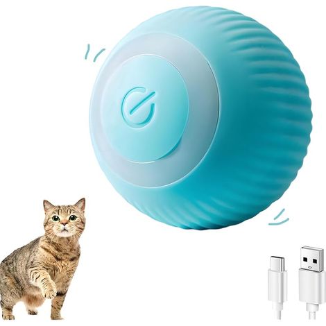 Boule Automatique de Chat,Chats à la Maison Intelligente rotative Automatique,Jouet pour Chats avec lumières LED,Boule Rechargeable Via USB(Bleu)