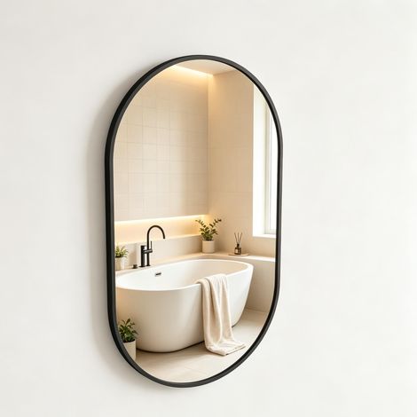 Specchio da parete ovale – vetro temperato – cornice in alluminio – 75×50 cm – nero (1/5)