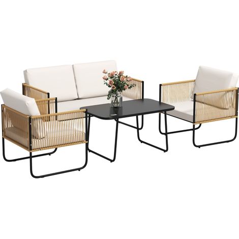 Salon de jardin 4 pièces avec canapé 2 places, fauteuils et table basse en verre - Ensemble crème blanc élégant pour extérieur (1/5)